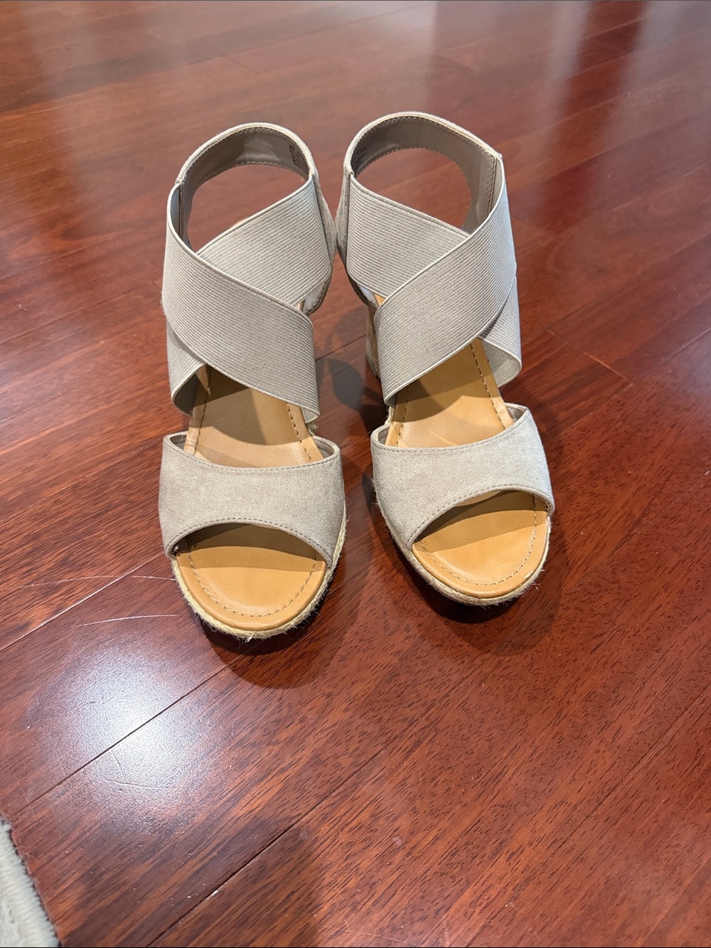 a.n.a Neutral Tan Crisscross Elastic Wedge Sandals